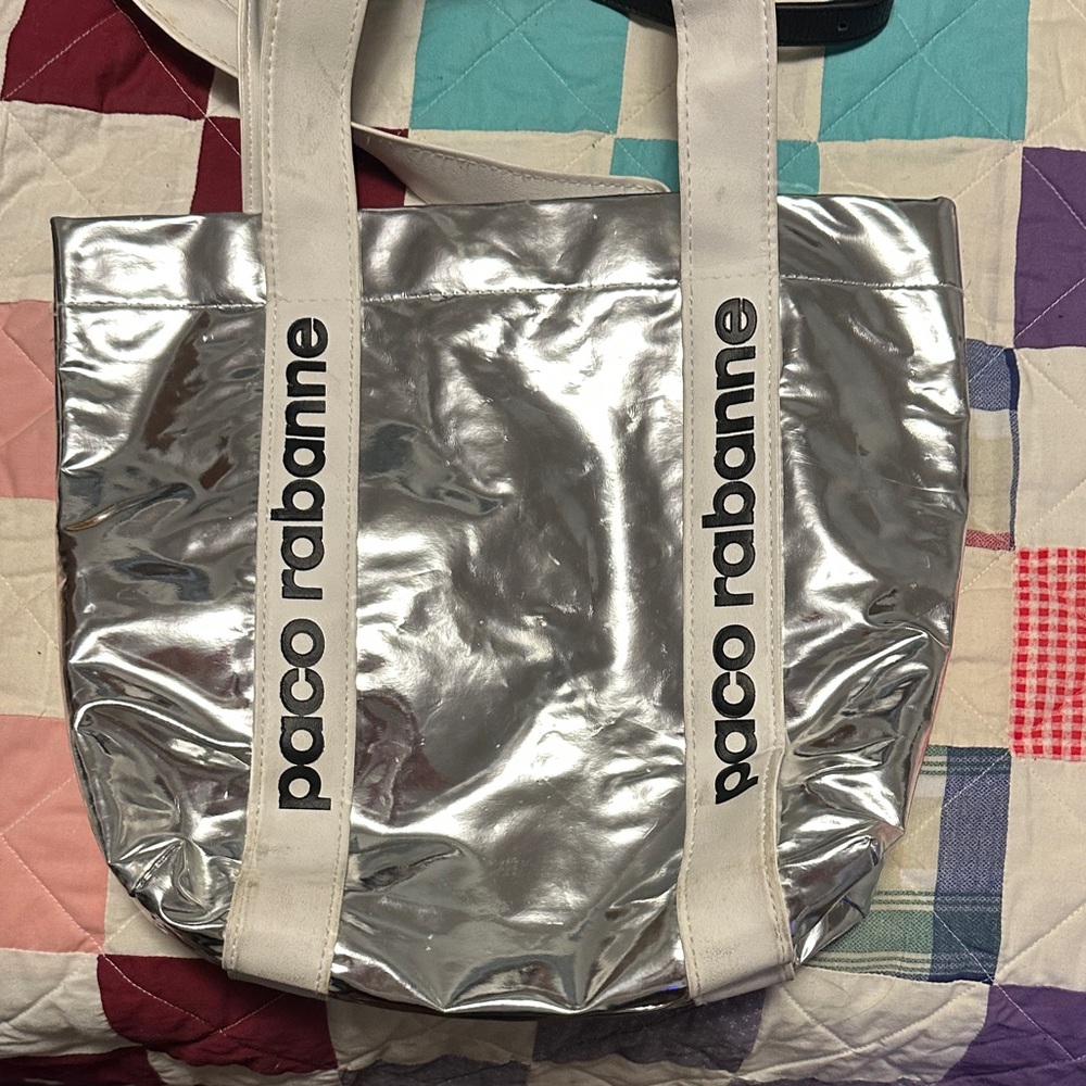 Paco Rabanne Metallic Silver Tote with White Logo Straps